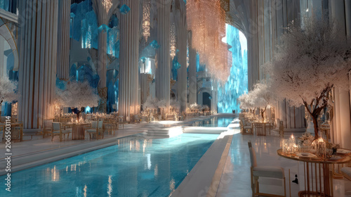 Indoor Grand Hall with Crystal Blue Pool and Elegant Decor