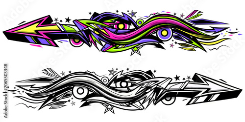 Abstract colorful graffiti art background. Decorative vector arrows shapes in...