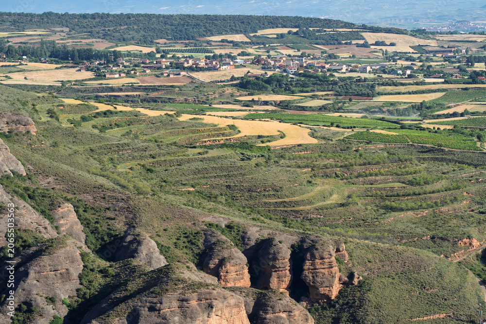 Fototapeta premium Vineyards and Eroded Rock Formations Near Islallana