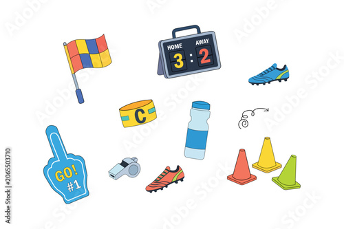 Football Training Equipment Doodle Vector Set, Soccer Match Accessories Collection, Sports Icons Flat Cartoon Illustration
