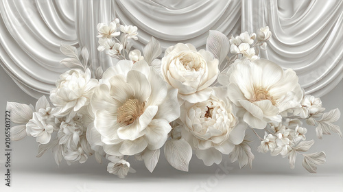 White Floral Arrangement Against Draped Backdrop