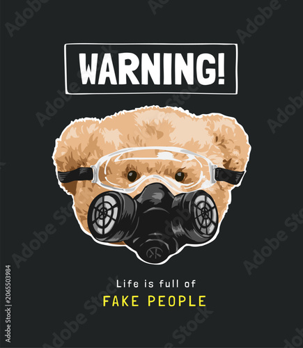 warning slogan with bear doll head in gas mask vector illustration - drawn by hand not generative AI	