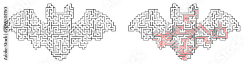 Playful halloween bat maze illustration with a solved path