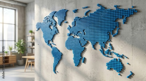 Blue 3D dotted world map on industrial concrete wall in bright modern office.