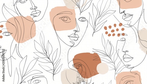 Abstract Line Art Faces with Floral Elements in Soft Earthy Tones for Contemporary Design and Artistic Backgrounds