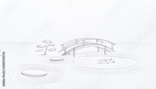 Tranquil Zen Garden with Minimalist Bridge and Fish Illustration on Still Water Surrounded by Simple Rocks and Trees in Serene Atmosphere