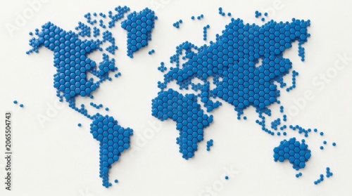 Blue hexagonal 3D tiles forming a world map on white textured surface.