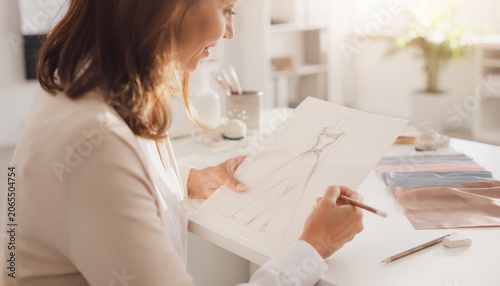 Designer sketches elegant dress in bright studio, showcasing creativity and fashion talent, working on fashion illustration for modern clothing collection