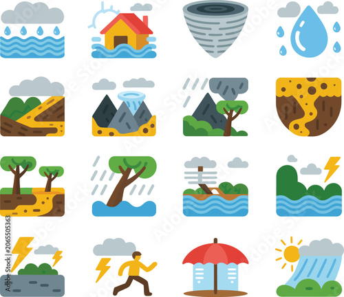 Foto Natural disaster and weather emergency icons set for safety education