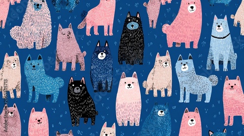 Seamless blue and pink dog pattern wallpaper design, featuring cute and playful puppy faces appearing in a repeating pattern, a cartoon animal wallpaper concept.