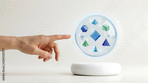 Hand Pointing at Floating Glass Sphere with 3D Geometric Shapes Network on White Podium for Data Science Concept