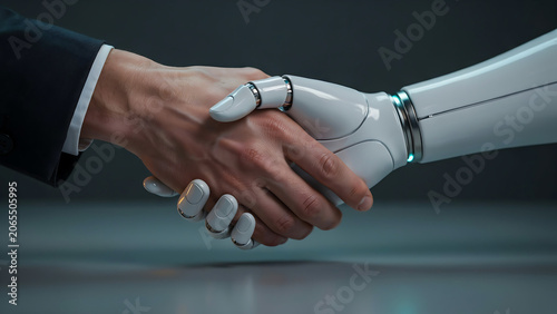 Close Up Handshake Between Businessman and Modern Robotic Artificial Intelligence Hand, Concept of Human and Machine Collaboration