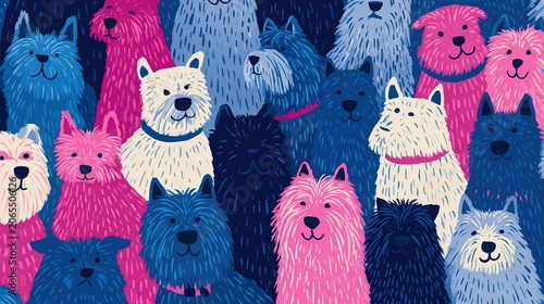 Seamless blue and pink dog pattern wallpaper design, featuring cute and playful puppy faces appearing in a repeating pattern, a cartoon animal wallpaper concept.