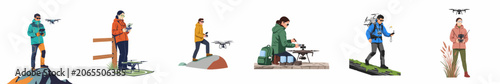 Collection of diverse people operating drones and quadcopters in various outdoor settings including mountains, hills, and fields.