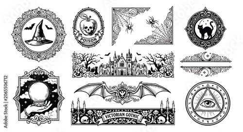 Schilderij op canvas Victorian Gothic Halloween vector elements, vintage occult illustrations and spo