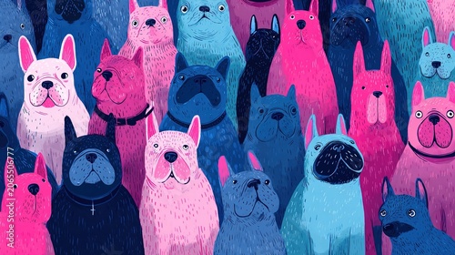 Seamless blue and pink dog pattern wallpaper design, featuring cute and playful puppy faces appearing in a repeating pattern, a cartoon animal wallpaper concept.