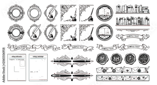 Foto Vintage literary vector set, hand drawn library icons and bookish ornaments, ant