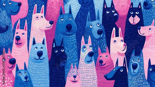 Seamless blue and pink dog pattern wallpaper design, featuring cute and playful puppy faces appearing in a repeating pattern, a cartoon animal wallpaper concept.