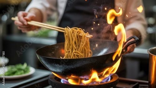 Chef cooking noodles in flaming wok with chopsticks and dramatic fire in professional kitchen scene