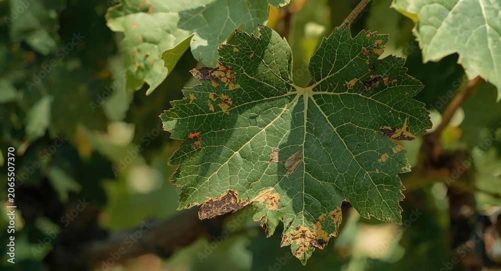 Fototapeta premium Detailed view of grapevine leaves suffering from pest damage emphasizing vineyard crop protection