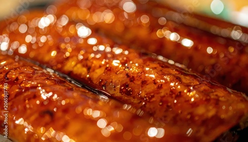 Close-up of glazed grilled Japanese unagi eel