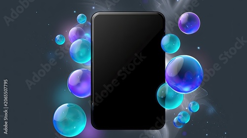 Sleek black rectangle surrounded by glowing, iridescent bubbles