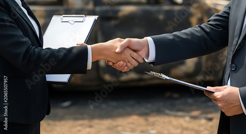 Business partners shaking hands after insurance claim settlement near burnt car