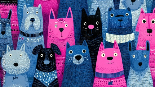 Seamless blue and pink dog pattern wallpaper design, featuring cute and playful puppy faces appearing in a repeating pattern, a cartoon animal wallpaper concept.
