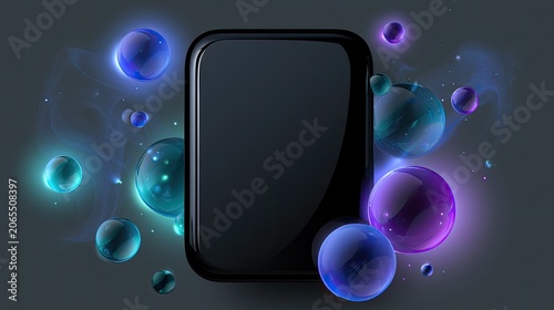 Sleek device surrounded by glowing, ethereal bubbles and smoke