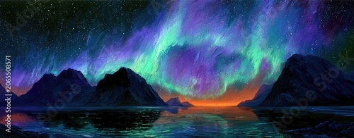 Vivid aurora lights dance over calm water reflecting mountains