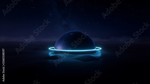 Abstract 3D Cosmic Dome Structure with Neon Ring Reflection on Dark Ocean Surface, Sci-Fi Saturn Style Planet Sphere Under Starry Night Sky, Outer Space Architecture Concept