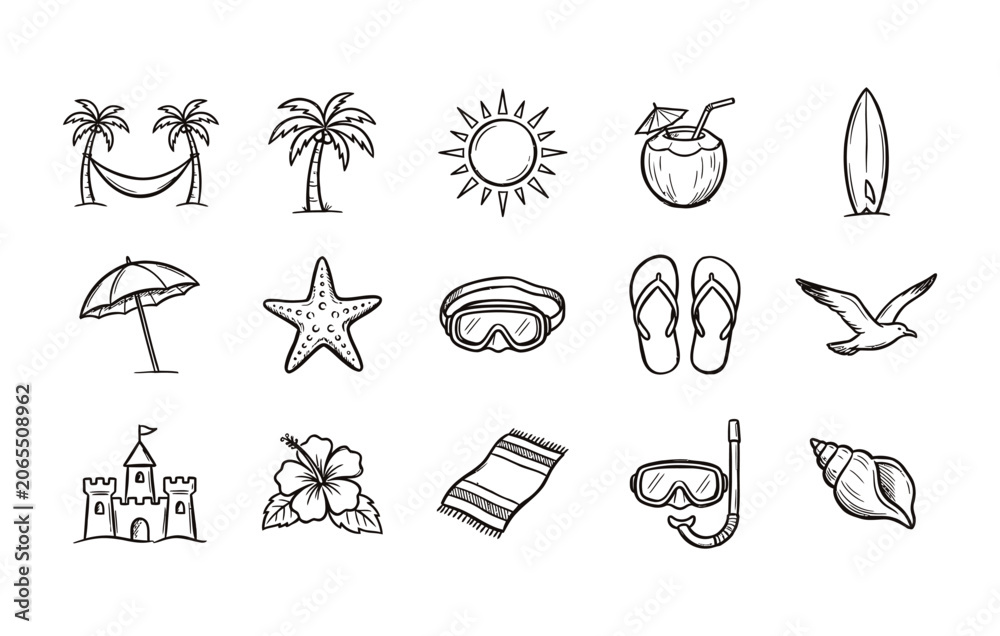 Fototapeta premium Hand drawn summer beach vacation and tropical island travel doodle sketch collection