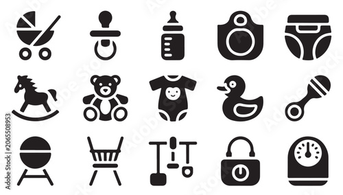 Quadro em tela Baby care and nursery icon set containing essential supplies for newborn infant wellness