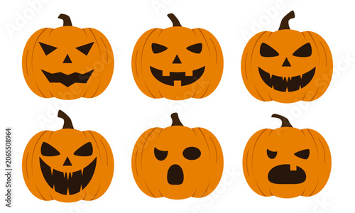 Halloween Pumpkin Jack O Lantern Set with Various Spooky and Scary Carved Face Expressions