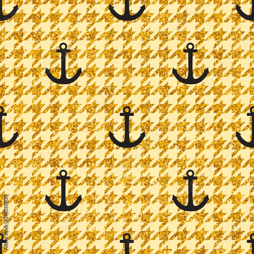 Seamless Nautical Pattern with Black Anchors on Luxury Gold Glitter Houndstooth Background. Elegant Fashion Print for Fabric, Wallpaper, and Gift Wrap.
