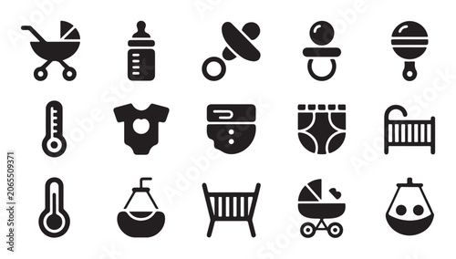 Foto Graphic set of baby equipment icons showcasing strollers cribs bottles and clothing