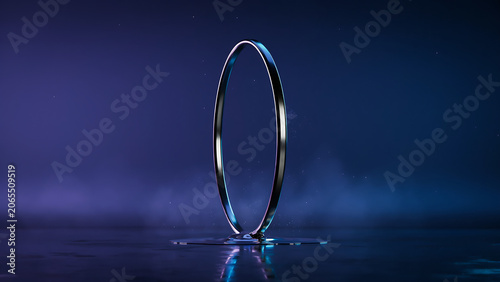 Futuristic Metallic Ring Portal with Neon Light Reflections on Wet Surface, Sci-Fi Cosmic Background with Smoke and Stars, Abstract 3D Render Cyberspace Stage Concept