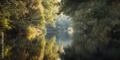 Tranquil riverine scene with thick foliage and still water