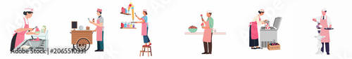 Collection of flat vector illustrations depicting ice cream shop staff scooping, serving, and preparing various frozen treats in professional uniforms on white background.