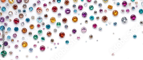 Colorful gems and rhinestones scattered on a white background