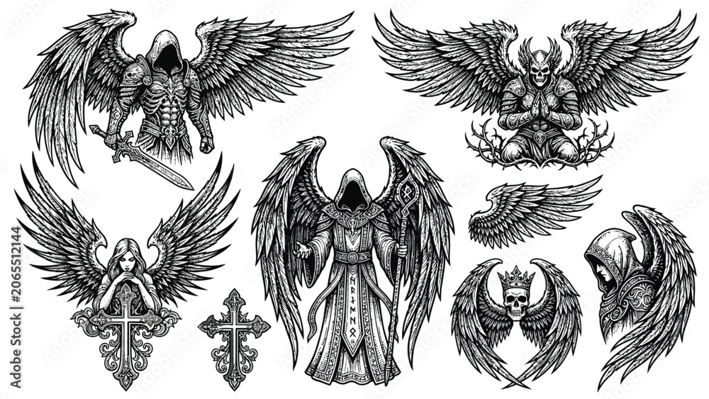 Obraz premium Detailed collection of gothic angel and grim reaper illustrations with wings, swords, and crosses in a dark, intricate engraving style.