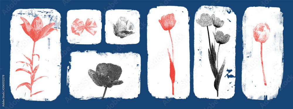 Obraz premium Flower frames with stipple lily, tulip and peony in photocopy halftone look. Red and black blooms on white grunge swatches over blue. Vector collage set of stippled flowers for moody wall art print