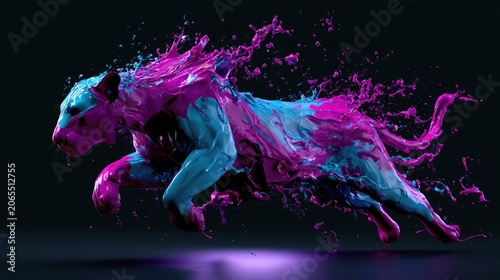 Dynamic feline form exploding with vibrant liquid paint motion