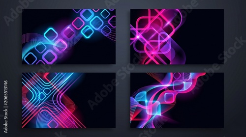 Collection of four horizontal abstract poster templates featuring glowing neon tangled wavy lines and rounded squares. Futuristic digital matrix web banners on dark backdrop.