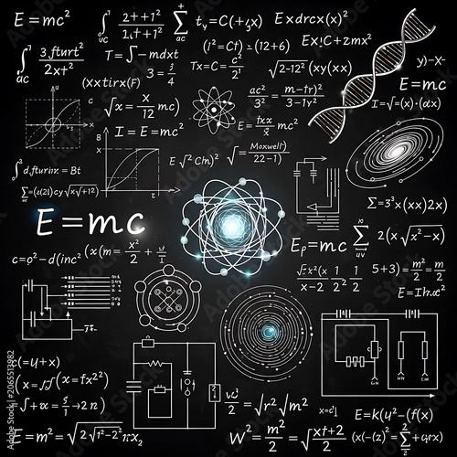 Complex Scientific Equations and Physics Concepts on Chalkboard.