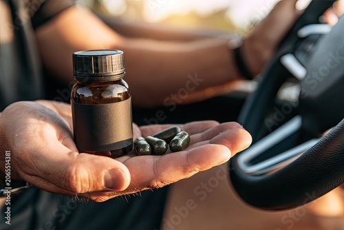 Hand holding pill bottle and capsules in car near steering wheel