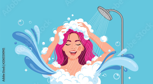 Happy woman with pink hair enjoys washing her hair with soap bubbles while standing under a running shower head.