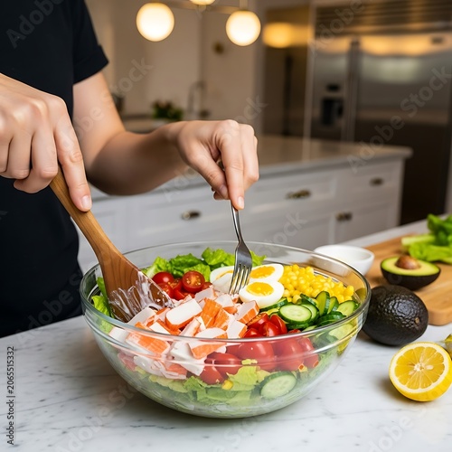 Healthy Salad Preparation in Modern Kitchen Setting.
