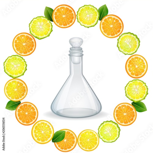 Transparent laboratory flask surrounded by vibrant citrus slices including oranges, limes, and lemons with green leaves, fresh and fruity backdrop design
