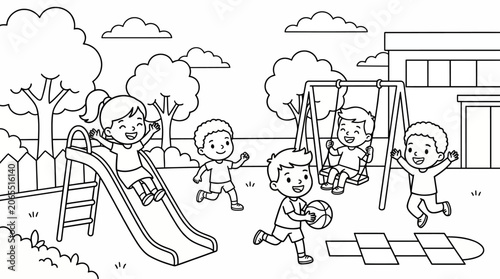 Group of happy diverse children playing together outdoors at a school playground coloring page